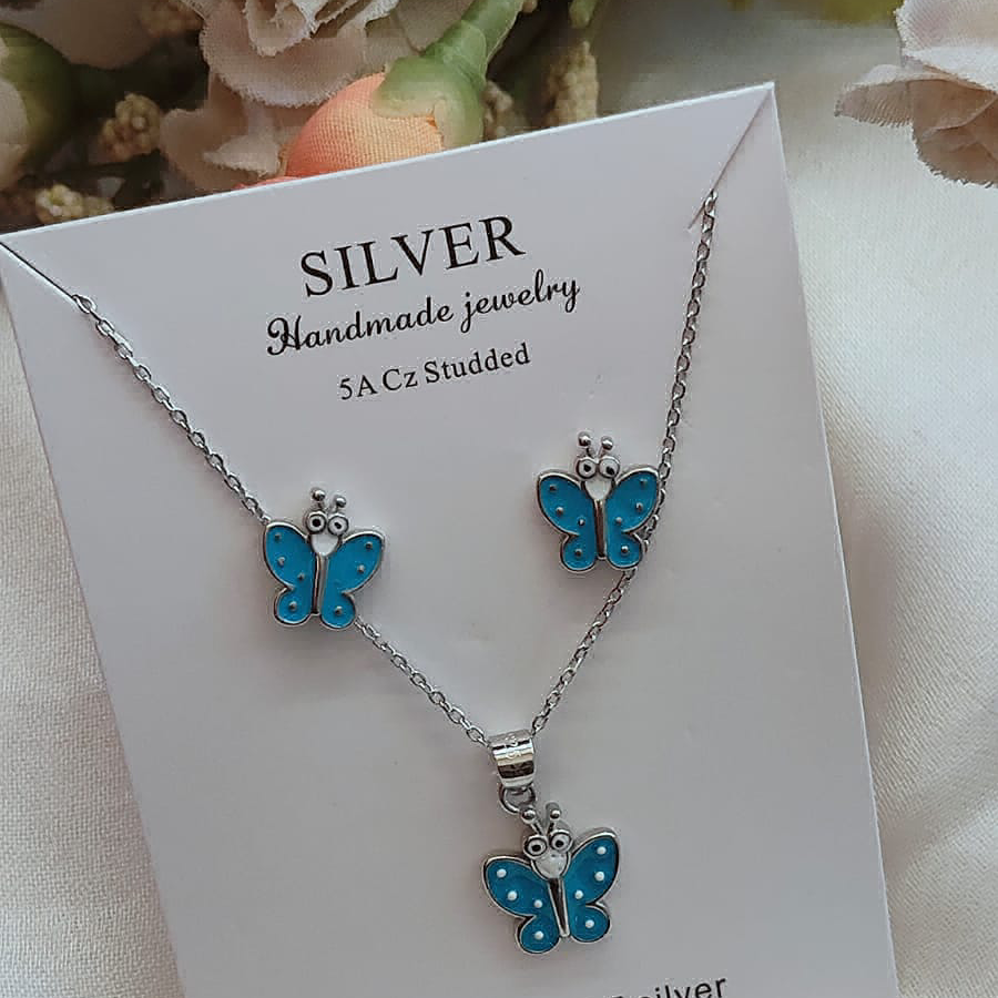 Blue Enamei Butterfly Pendant Set
